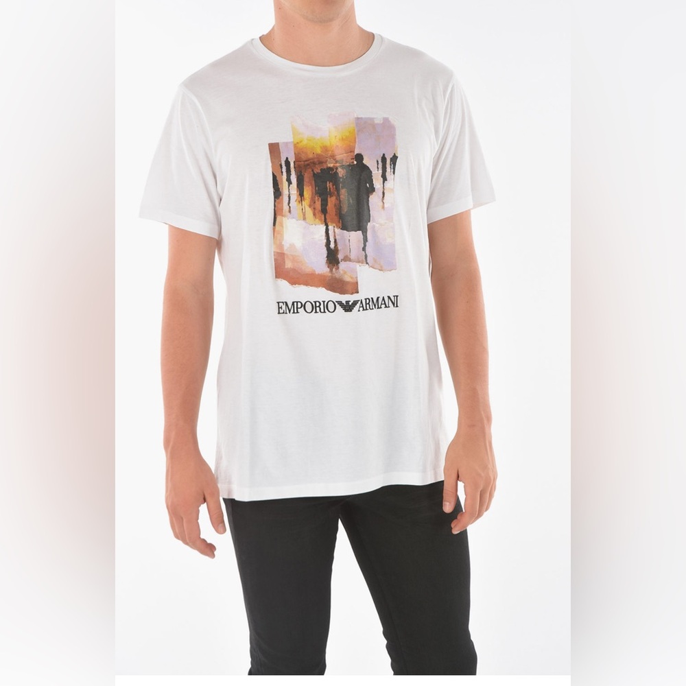 Emporio Armani White Short Sleeve Tee with Artistic Graphic